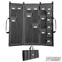 Film grip rigging 3 fold deluxe 5/8-inch rod bag with corolast sides in charcoal grey, fully opened and closed, by Modern Studio Equipment.