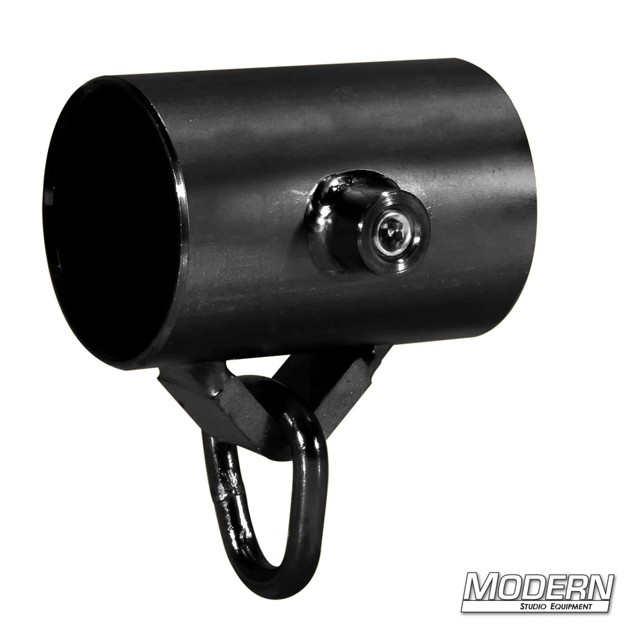 Black zinc slider with d-ring and set screw for 1-1/4-inch Schedule 40 Speed-Rail, ideal for film grip and rigging applications