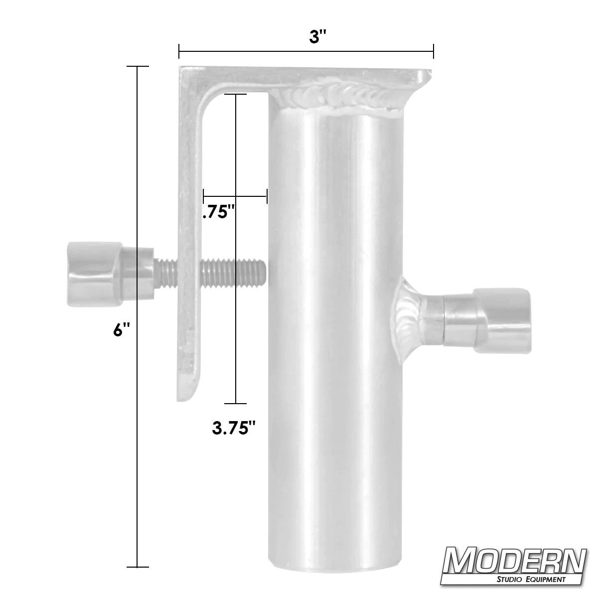 Vertical holder with dimensions from Modern Studio Equipment for film grip and rigging.