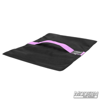 Flyaway sandbag for film grip and rigging, made with durable Cordura 1000, featuring a velcro closure, 15 lbs capacity, empty, black with purple stripe