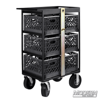 Steel 6 Place Milk Crate Cart with locking bar and six crates, featuring four foam-filled wheels for easy mobility, ideal for film grip rigging