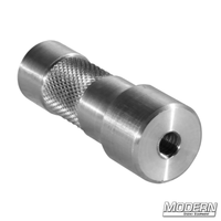 Aluminum starter pin with dual 1/4" female threads for film grip and rigging uses.