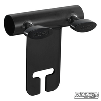 Black zinc ear adapter for 1-inch round pipe with T-handles, used for film grip rigging with gobo/grip head attachment.