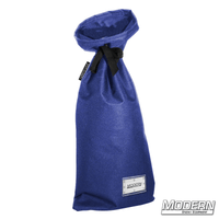 Blue small storage bag for film grip rigging with nylon cord for tying and plastic labeling sleeve on bottom, 12" wide, 27" long