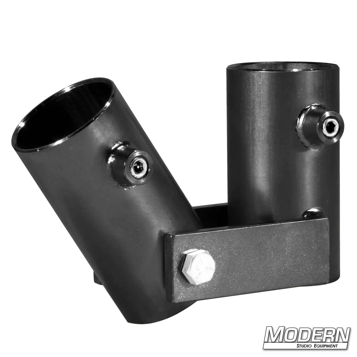 Adjustable angle pipe receiver for 1-1/2-inch Speed-Rail in black zinc, ideal for film grip and rigging.