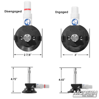 3-inch Suction Cup with 5/8-inch Baby Pin and 1/4-inch thread for film rigging grip by Wood's Powr-Grip, dimensions shown for engaged and disengaged states.