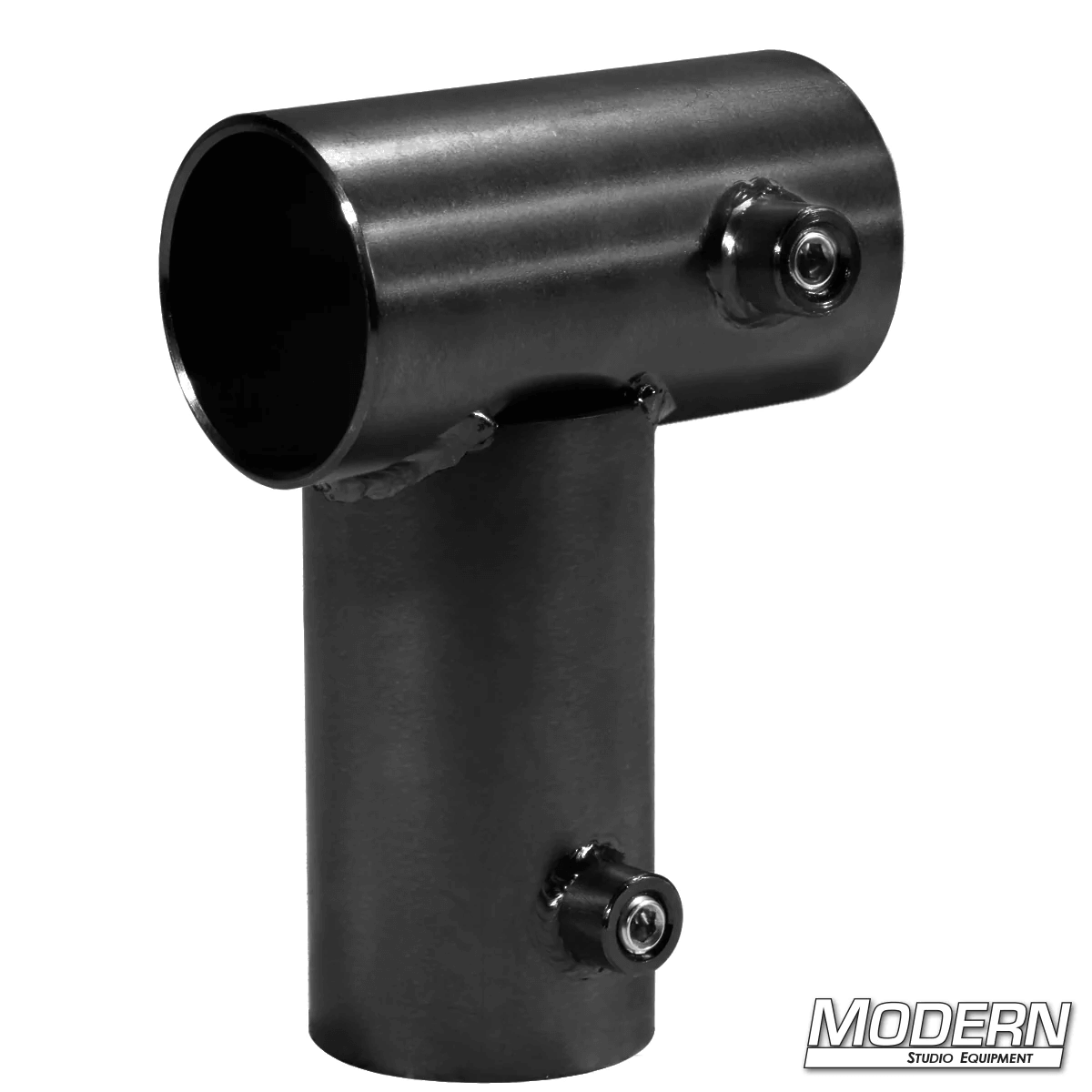 Black zinc Mini Corner for 1-1/2-inch Speed-Rail® with set screws, used for film grip rigging to create a 90° corner on aluminum frames.