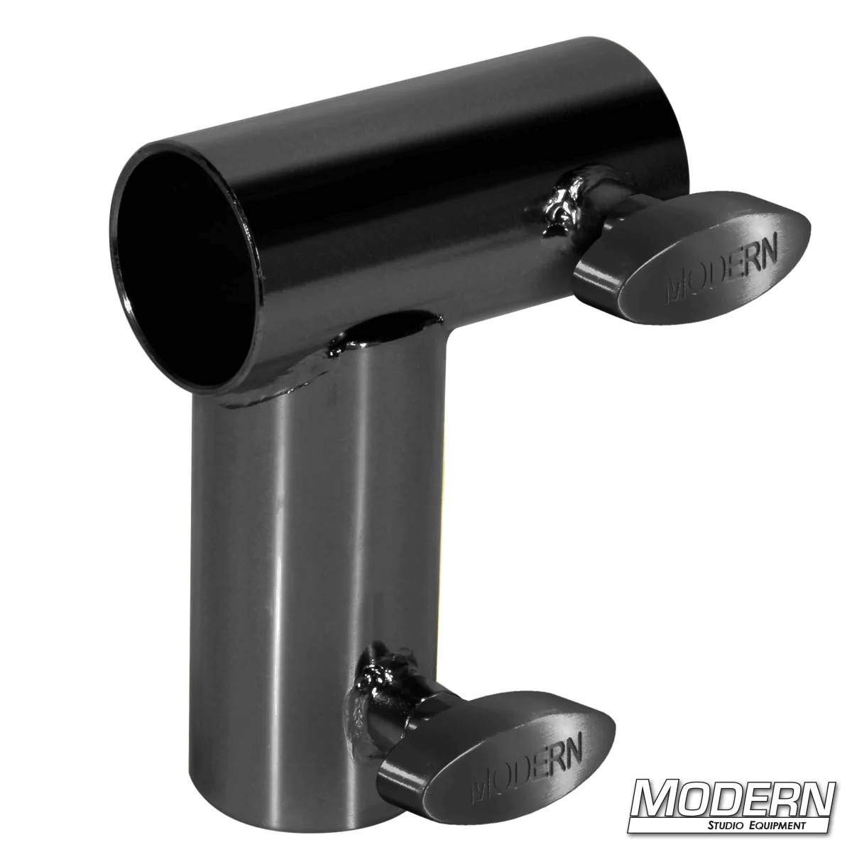 Black zinc Mini Corner for 1-1/4-inch Speed-Rail® with T-Handles for film grip rigging – welded fitting for 90º corner connections.