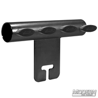 Black zinc adapter for attaching 1-1/2" Speed-Rail to grip head in film rigging setups, featuring T-handles for secure connection