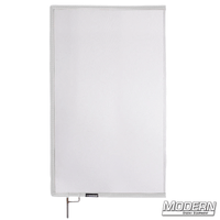 White Single Scrim with open-end stainless steel frame for film grip and rigging, reduces lighting without altering color, adds bounce