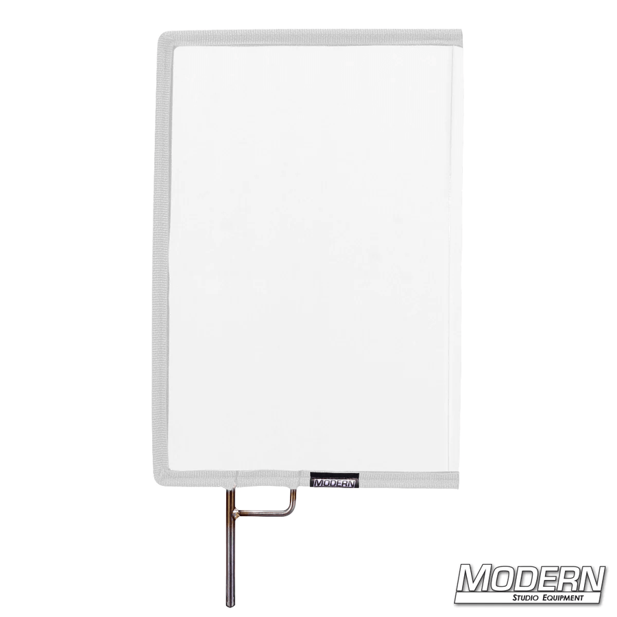 White artificial 1/4 stop silk scrim on stainless open-end frame for film grip and rigging to diffuse light by 0.6 stop.