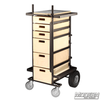 Small Grip Cart with steel frame, wooden drawers, fixed casters, and swivel casters, ideal for film rigging and equipment organization