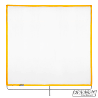 White artificial silk scrim on yellow 304 military-grade stainless open-end frame for film grip and rigging.