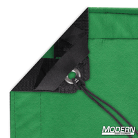 Chromakey Green Screen corner with webbing, grommet, elastic tie, and Modern Studio Equipment logo for film grip and rigging.