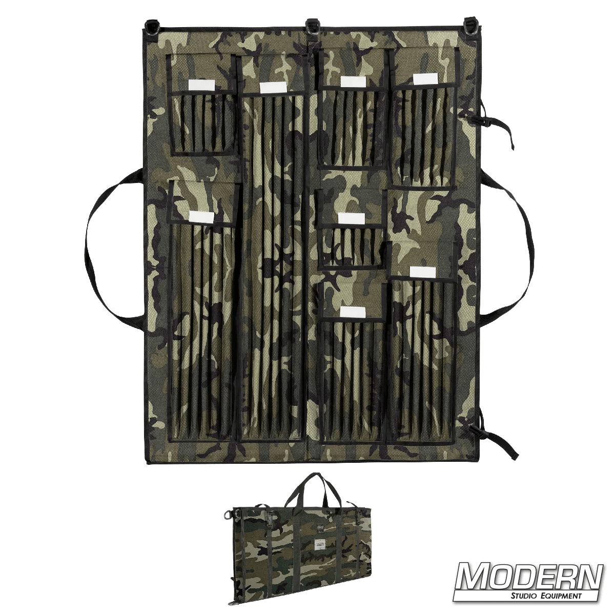 Camouflage 2 Fold Deluxe 5/8-inch Rod Bag with multiple compartments for film grip and rigging equipment, shown open and closed